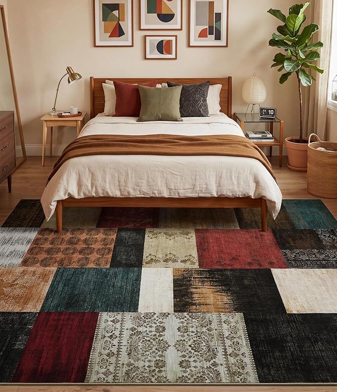 YIHOUSE Mid Century Modern Vintage Cowboy Area Rug 8x10 for Living Room,Retro Patchwork Rug Non Slip,Red and Brown Floral Farmhouse Rugs Washable, Geometric Boho Rugs for Kitchen,Dining Room,Bedroom