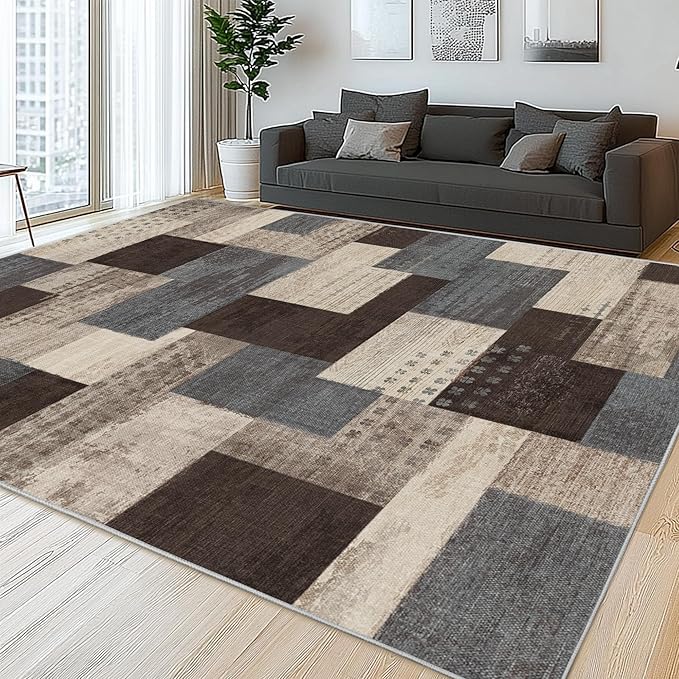 Modern Geometric Patchwork Indoor Area Rug for Living Room, Blue-Taupe 10'x 14' Large Rug Rockwood Collection Hardwood Floors Decor for Bedroom, Blue Throw Carpet for Entryway Dining Room