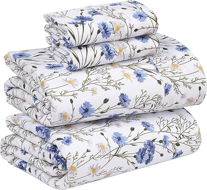 RUVANTI 100% Cotton Full Size Bed Sheets, 4 Pieces, Soft & Breathable Percale Weave Bedding, Deep Pocket 16", Hotel Standard, Crisp Cool Feel, Durable, Perfect Sheet Set Floral, Sweet Pea