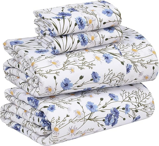 RUVANTI 100% Cotton King Size Sheets Set, 4 Pieces, Soft & Breathable Percale Weave Bedding, Deep Pocket 16", Hotel Standard, Crisp Cool Feel, Durable, Perfect Floral Bed Sheet, Sweet Pea