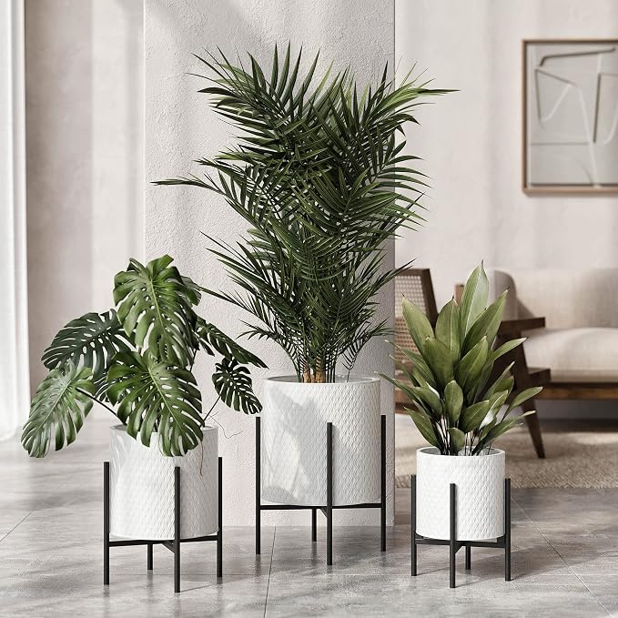 EverNest Claire Mid-Century Modern White Planter and Stand, Indoor Plant Pot, SelectBase, Minimalist Aesthetic, Home Decor for Plants - (Black Base, Medium)