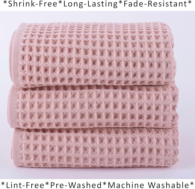 PÜSKÜL Natural 100% Turkish Cotton Waffle Kitchen Towels Set of 3 | Oeko-Tex, Premium Waffle Hand Towels for Bathroom | Soft Absorbent Quick-Dry Lint-Free Dish Towel Large 32x16 inch (3, Pink Powder)