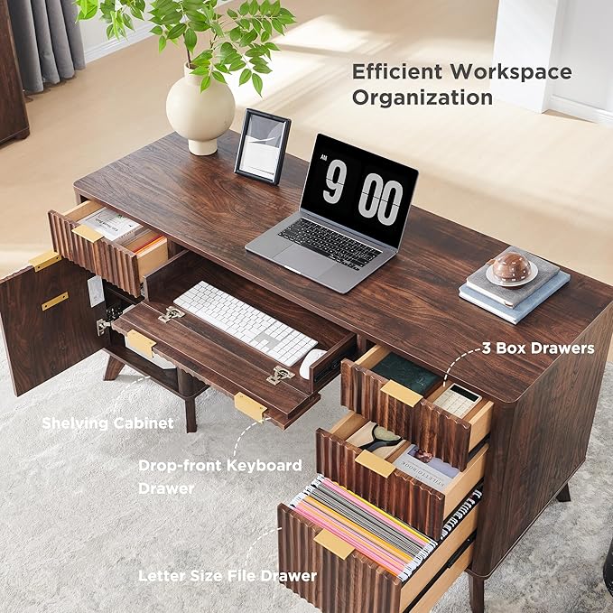 T4TREAM Fluted Executive Desk with Drawers, 60" Modern Home Office Computer Desk with Charging Station, File Cabinet, Keyboard Tray and Storage Cabinet for Study, Living Room, Bedroom, Dark Walnut