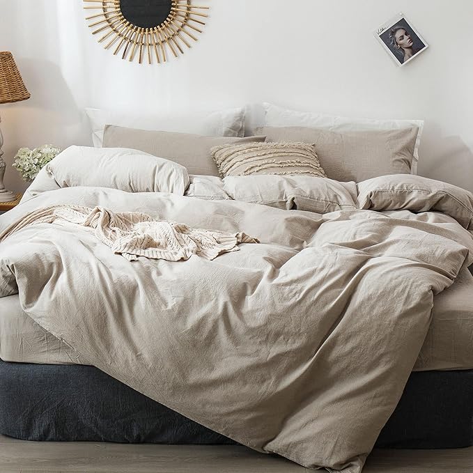 MooMee Bedding Duvet Cover Set 100% Washed Cotton Linen Like Textured Breathable Durable Soft Comfy (Heathered Tannish Linen Grey, Alaska King 132"x120")