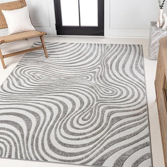 JONATHAN Y Maribo High-Low Abstract Striped Gray/Ivory 6x9 Indoor/Outdoor Area Rug, Pet Friendly, Non-Shedding, Stain Resistant, Easy-Cleaning for Backyard, Patio, Porch (SCN103B-6)