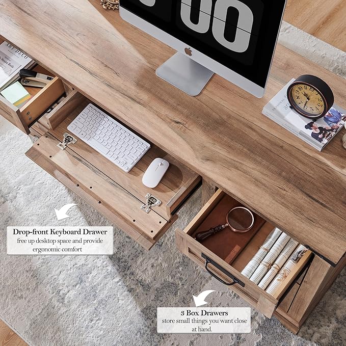 RedLemon 60" Farmhouse Executive Desk, Home Office Desk with Drawers, Charging Station, Keyboard Tray, File Drawer, Storage Cabinet, Wood Rustic Computer Writing Desk (Natural Oak)