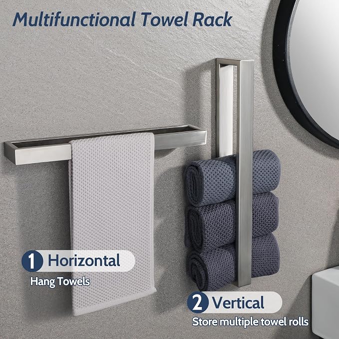 Sayayo Brushed Nickel Towel Bar for Bathroom, 16 Inch Hand Towel Holder Wall Mount Square Towel Ring SUS304 Stainless Steel Towel Rack