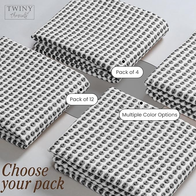 TWINY threads 4 Pack Circle Waffle Dish Towels 16x26 Inches, 100% Cotton, Premium Quality Cotton Towel, Quick Drying, Commercial Grade Wash Rags, Ideal for Bar Mops, Modern Kitchens, Black