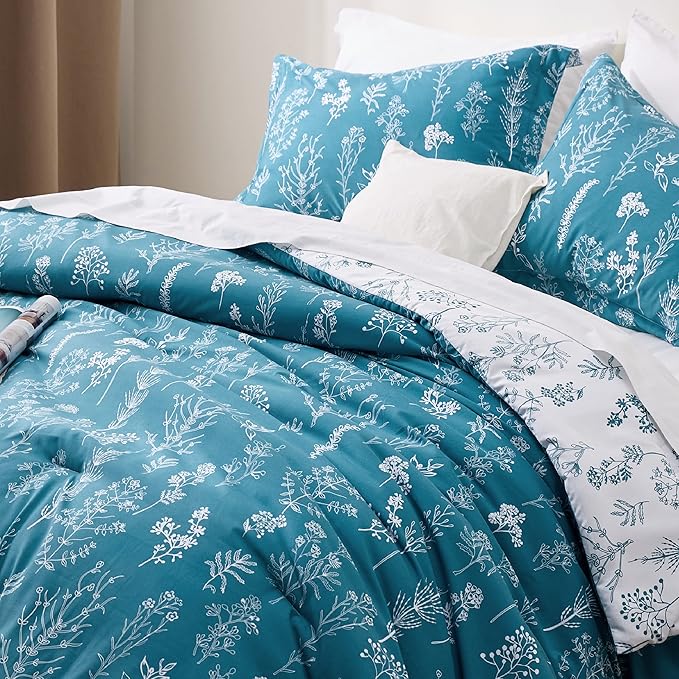 Bedsure Queen Comforter Set - Teal Blue Bed Set, 3 Pieces Cute Floral Bedding, 1 Soft Reversible Botanical Flowers Comforter and 2 Pillow Shams