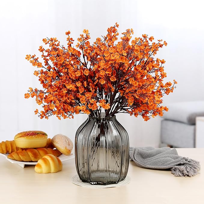 JAKY-Global Babys Breath Silk Artificial Flowers Bulk with Vase 10pcs for Fall Decor Fake Flower Bouquet Bulk for Home Kitchen Indoor Bouquet Floral Arrangement Table Centerpieces Party Decor(Orange)