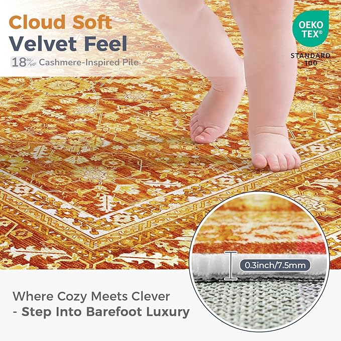 OPPODREAM Vintage Orange Round Rug 4ft, 4 ft Retro Washable Circle Rug Non Slip, Low-Pile Faux Wool Circular Carpet, Distressed Floor Mat for Living Room, Bedroom, Office, Dorm, Dinning Room