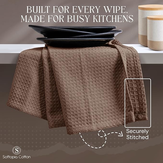 Brown Kitchen Towels – Waffle Weave, 100% Cotton, Soft & Absorbent, Fast Dry, Durable, 16x26 Inches, Perfect for Dish Drying, Bar, Cleaning, Hand Wipe and Everyday Use, Set of 12