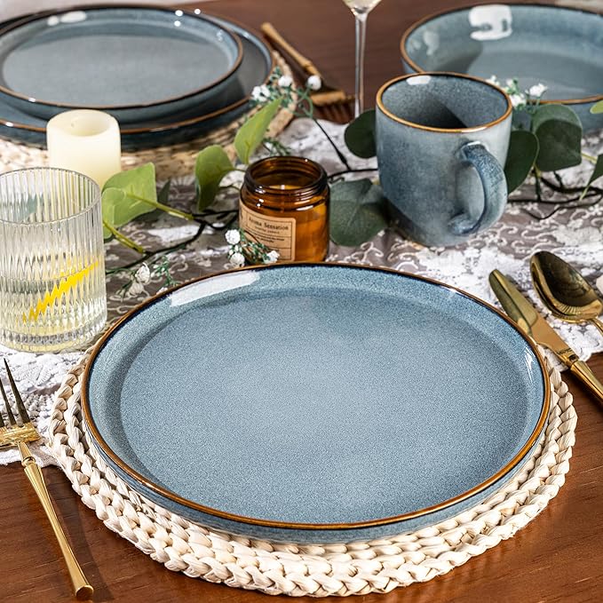 GBHOME 32 Pieces Double Bowls Ceramic Dinnerware Sets for 8, Stoneware Plates and Bowls Set with Reactive Glaze, Scratch Resistant Stoneware Dishes Set, Dishwasher & Microwave Safe