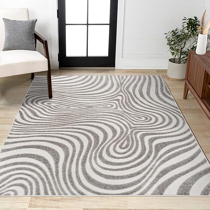 JONATHAN Y Maribo High-Low Abstract Striped Gray/Ivory 10x13 Indoor/Outdoor Area Rug, Pet Friendly, Non-Shedding, Stain Resistant, Easy-Cleaning for Backyard, Patio, Porch (SCN103B-13)