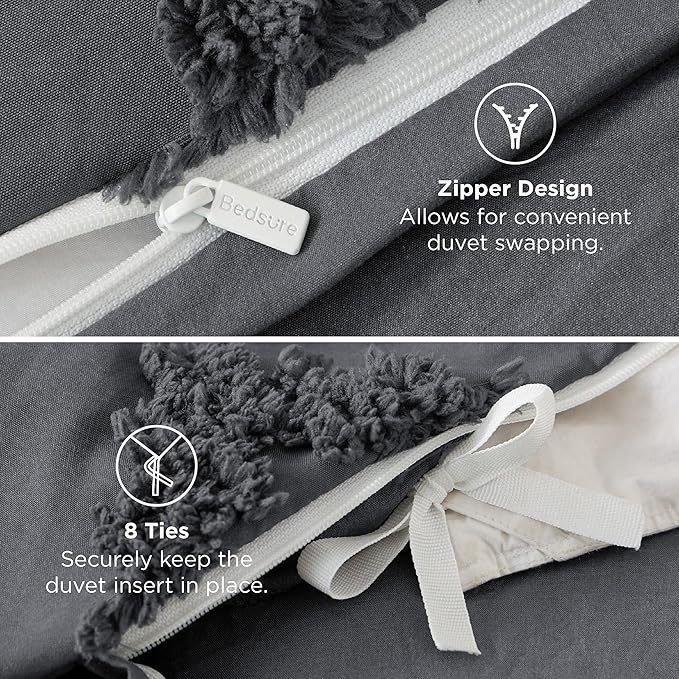 Bedsure Boho Duvet Cover King - Dark Grey Tufted Boho Bedding, Farmhouse Shabby Chic Embroidery Bedding for All Seasons, 3 Pieces, 1 Soft Jacquard King Comforter Cover and 2 Pillow Shams