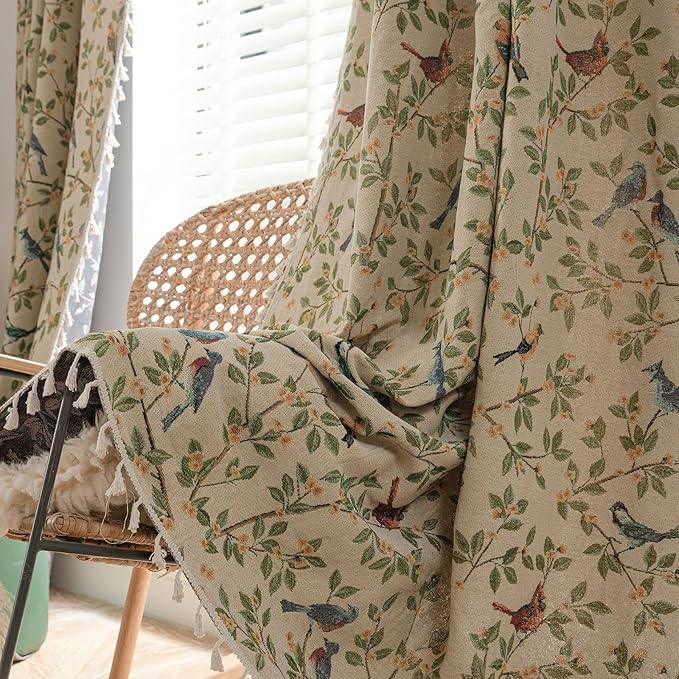 ENJOYBRIDAL Floral 96 Inch Curtains for Bedroom Jacquard Drapes Bird Patterned Semi Sheer Boho Long Window Curtains Living Room 2 Panels Farmhouse Rod Pocket Light Filtering Decor Window Treatments