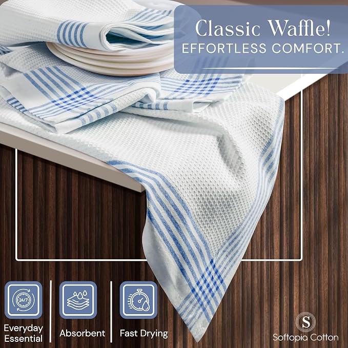 Waffle White & Sky Blue Kitchen Towels 12 Pack, 100% Cotton 16x26 inches, Quick Dry Bar Mop Towel, Super Absorbent Wash Cloths for Cleaning, Drying Dishes, Long Lasting Dishcloth