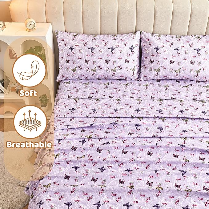 Softan Floral Twin Size Sheet Set, Purple Paisley Flower Printed Sheets for Kids Girls, Brushed Microfiber Fitted Sheet with 15" Deep Pocket & Non-Slip Straps, Butterfly Patterned Sheets
