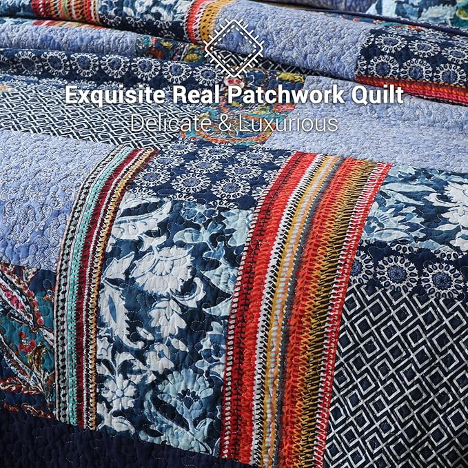 Yvooxny Queen Quilt Set Reversible Lightweight Bohemian Paisley Patchwork Cotton Quilted Bedspread Coverlet Set 3-Piece Bedding Set with Shams for All Seasons, Queen Size, 98 * 90 Inches
