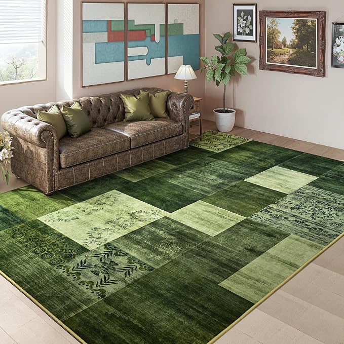 Tepook 8x10 Green Area Rugs for Living Room, Modern Large Geometric Rug for Bedroom, Washable Patchwork Rug Indoor Non Slip Throw Carpets for Dining Room Office Farmhouse Home Decor