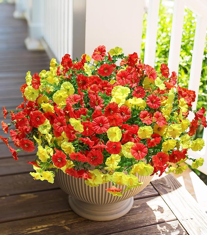 Artificial Mums for Outdoors Fake Fall Flowers Plants for Autumn Decoration, 12 Bundles Silk Morning Glory with Eucalyptus Look Real UV Resistant Faux Mums for Outside Planters Yard Patio Porch, Mix