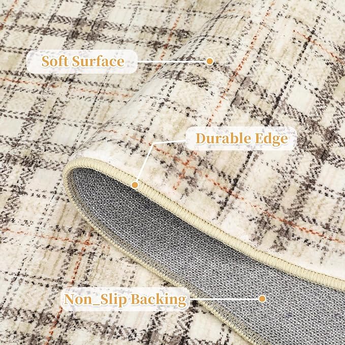 Tartan Plaid Round Rugs 6Ft Washable Area Rug for Playroom, Kids Non-Slip Neutral Classic Circle Rug Modern Large Carpet Soft Boys Rug for Classroom Dorm Bedroom, Beige