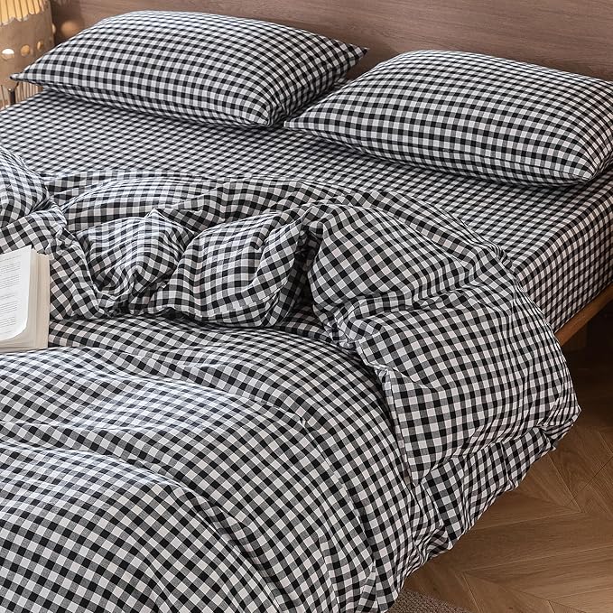 MooMee Gingham Duvet Cover Set 100% Washed Cotton Linen Like Textured Breathable Durable Soft Comfy Modern Checkered Design (Black White Gingham, Super Queen 90"x98")