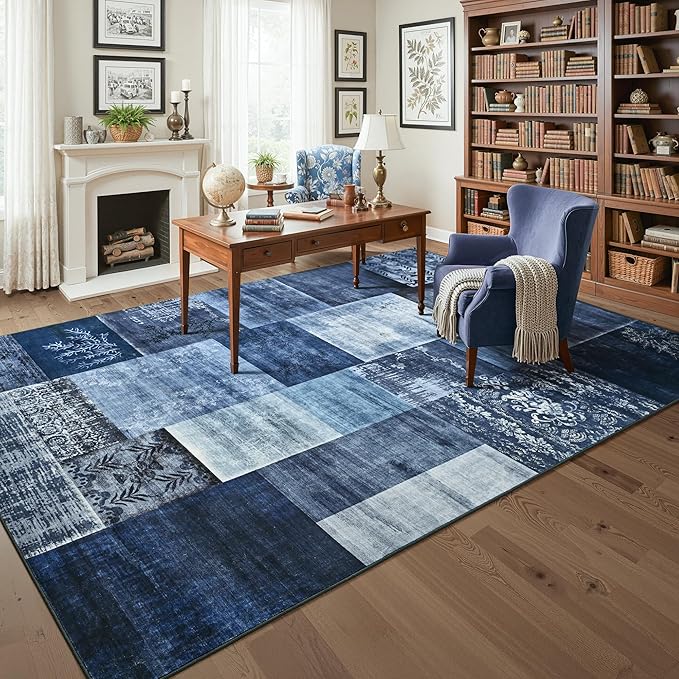 Tepook 9x12 Blue Area Rugs for Living Room, Modern Large Geometric Rug for Bedroom, Washable Patchwork Rug Indoor Non Slip Throw Carpets for Dining Room Office Farmhouse Home Decor