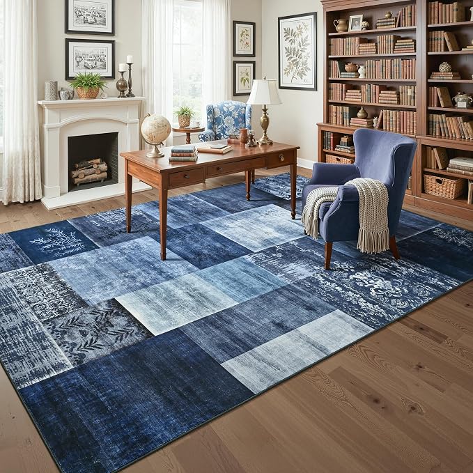 Tepook 4x6 Blue Area Rugs for Living Room, Modern Large Geometric Rug for Bedroom, Washable Patchwork Rug Indoor Non Slip Throw Carpets for Dining Room Office Farmhouse Home Decor