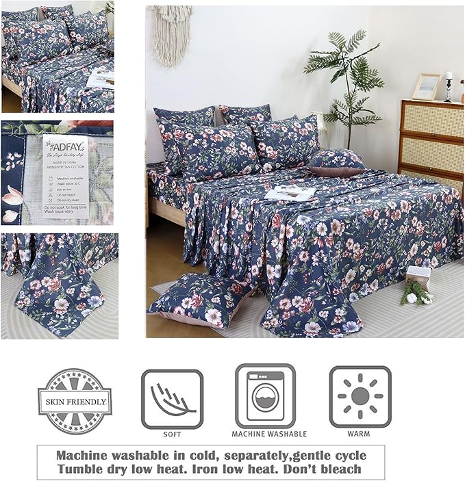 FADFAY Sheets Set Queen Vintage Dark Blue Floral Bedding Shabby Peony Floral Sheets French Country Farmhouse Bedding 800 Thread Count 100% Egyptian Cotton Deep Pocket Fitted Sheet 4Pcs, Queen Size