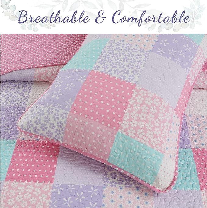 Cozy Line Home Fashions Angelina Floral Dot Pink Light Purple Blue 100% Cotton Reversible Girl Quilt Bedding Set, Bedspread, Coverlet (Queen - 3 Piece)