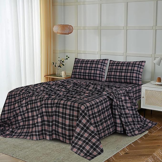 RUVANTI Flannel Sheets Queen Size - 100% Cotton Double Brushed Bed Sheets, Deep Pockets 16 Inches Queen Sheet Set, All Seasons Breathable & Extra Soft - Warm & Cozy, 4 Piece, Peach & Black Plaid