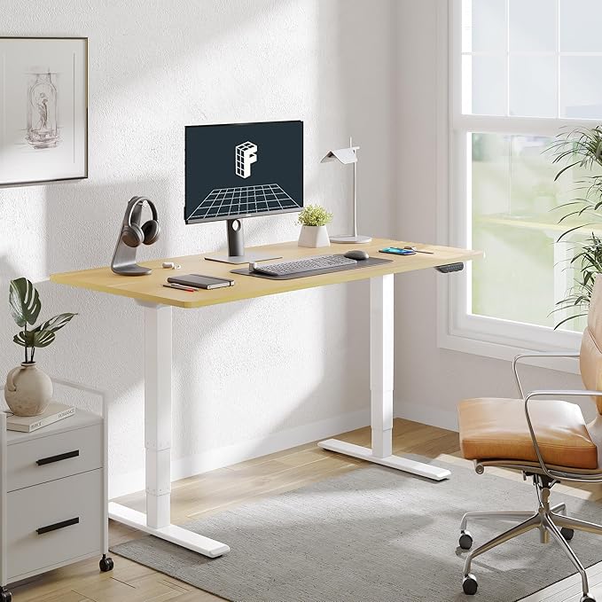 FLEXISPOT E6 MAX Dual Motor 3 Stages Standing Desk 55x28 Inch Whole-Piece Board Electric Height Adjustable Stand Up Desk 150KG Load Capacity(White Frame + Maple Desktop)
