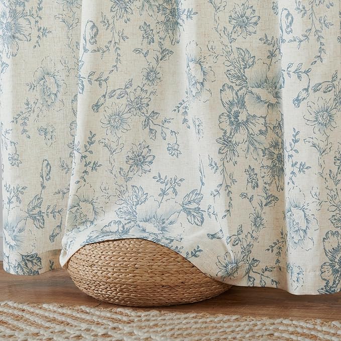 jinchan Linen Floral Curtains 100 Inch Extra Wide for Patio Sliding Glass Door Room Divider Curtain for Living Room 96 Inch Length Farmhouse Peony Blue Printed Curtain Set 1 Panel