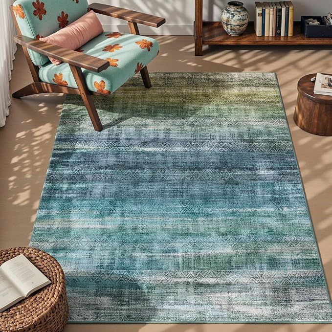 Kokia Abstract Teal Area Rugs 6x9 Boho Washable Distressed Retro Indoor Floor Rug Multicolor Low Pile Non-Slip Non-Shedding Carpet Bedroom Living Room Dining Room, Blue and Green