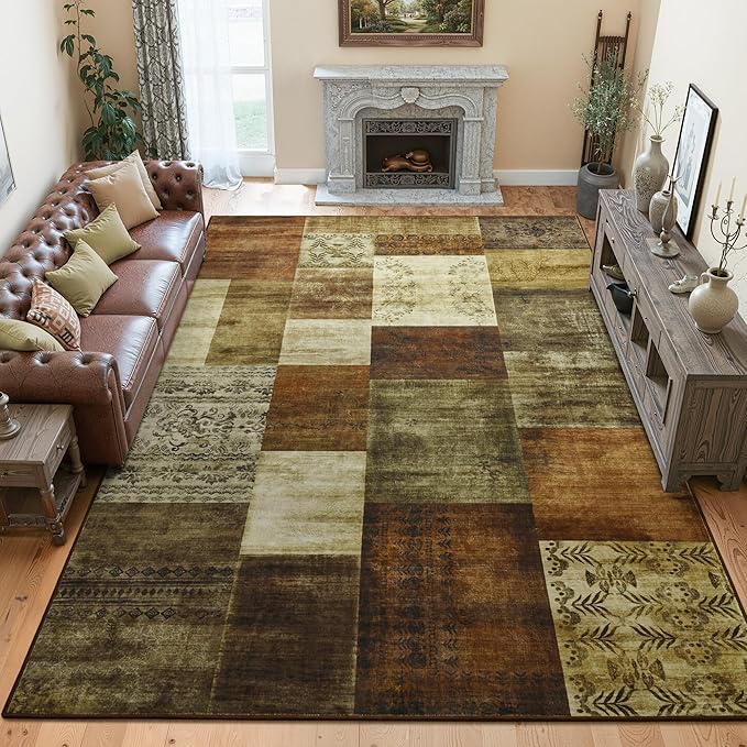 Tepook Modern Area Rug for Living Room, 4x6 Geometric Large Rugs for Bedroom, Washable Patchwork Rug Indoor Non-Slip Throw Carpets for Dining Room Office Farmhouse Home Decor, Brown