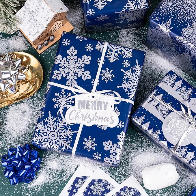 LeZakaa Christmas Wrapping Paper Bundle -Mini Roll with Bow, Ribbon, Sticker, Gift Tag -Navy with Silver Foil Design with Snowy Woodland Scenes/Snowflake/Tree-17x120 inches-3 Rolls (42.5sq.ft.ttl.)