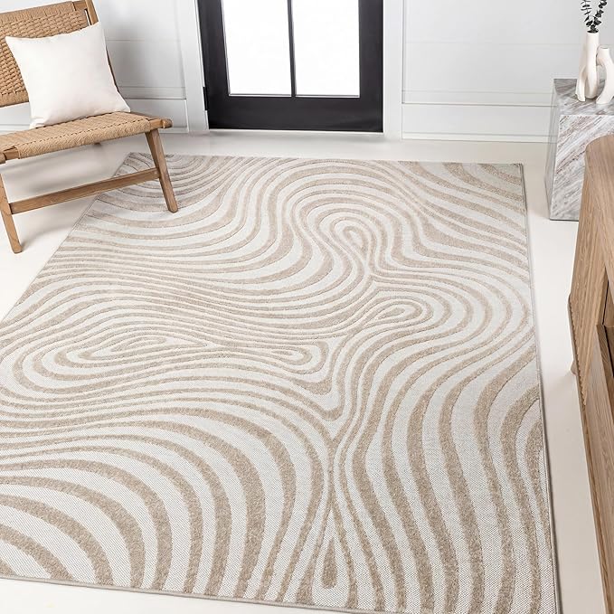 JONATHAN Y Maribo High-Low Abstract Striped Beige/Cream 3x5 Indoor/Outdoor Area Rug for Patio, Backyard, Living Room, Bedroom, Office, Hose-Washable (SCN103D-3)