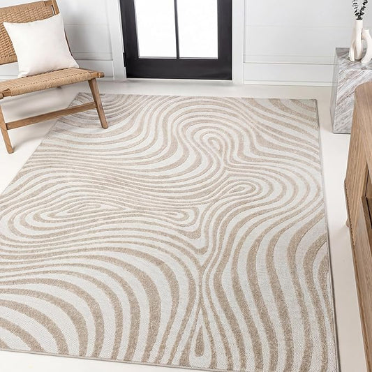 JONATHAN Y Maribo High-Low Abstract Striped Beige/Cream 8x10 Indoor/Outdoor Area Rug for Patio, Backyard, Living Room, Bedroom, Office, Hose-Washable (SCN103D-8)
