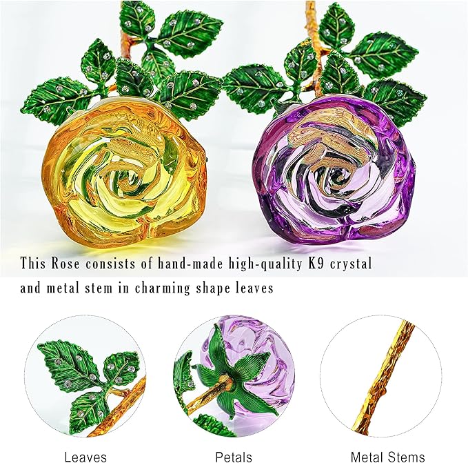 HDCRYSTALGIFTS 9.5'' Crystal Rose Flower Glass Purple and Yellow Flowers with Green Leaves for Wedding Anniversary/Wife, Romantic Forever Gifts for Her (Pack of 2)