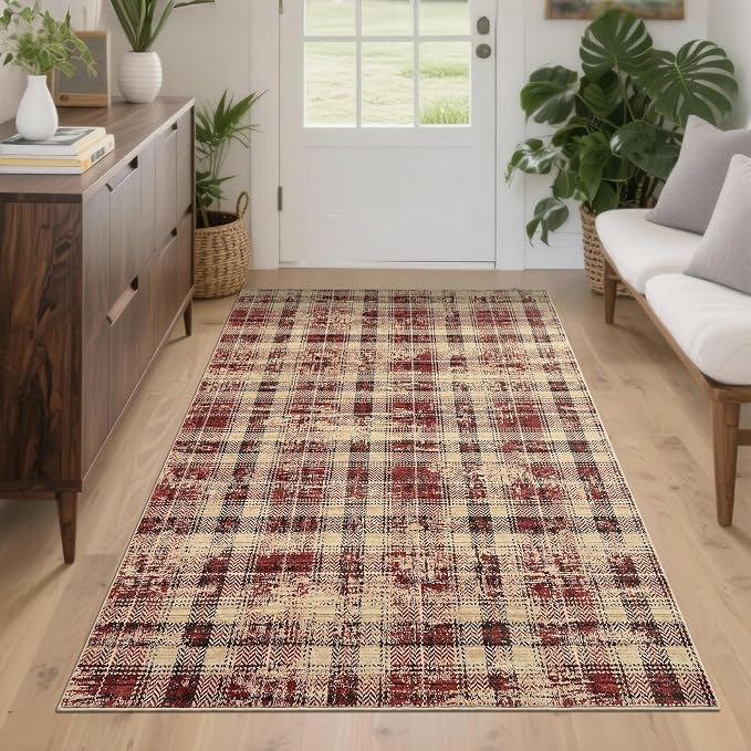 Washable Area Rug 3x5 Christmas Rug with Non Slip Rubber Backing, Modern Plaid Bedroom Rugs Farmhouse Soft Low Pile Rustic Accent Rug for Entrance Living Room Kitchen Home Decor
