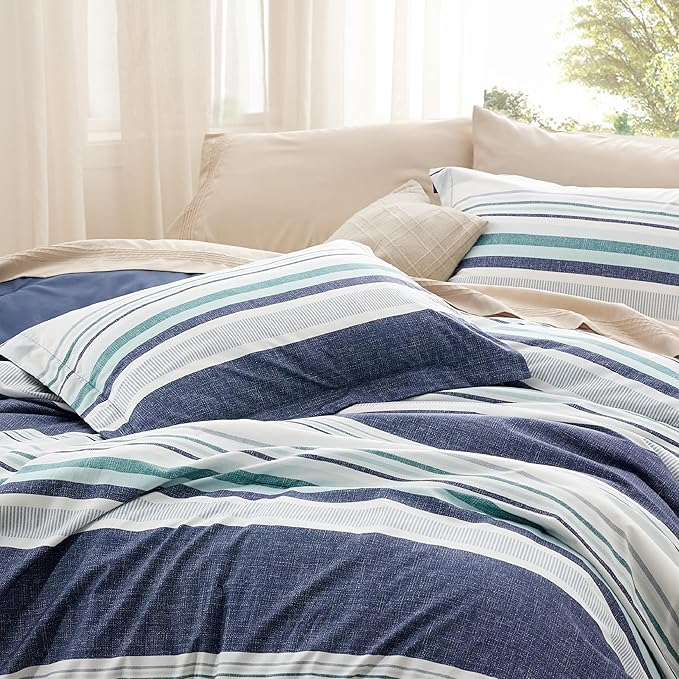 Bedsure Twin/Twin XL Comforter Set - Twin Extra Long Comforter Set for Boys, Striped Dorm Bedding, 2 Pieces, 1 Soft Reversible Blue Comforter and 1 Pillow Sham
