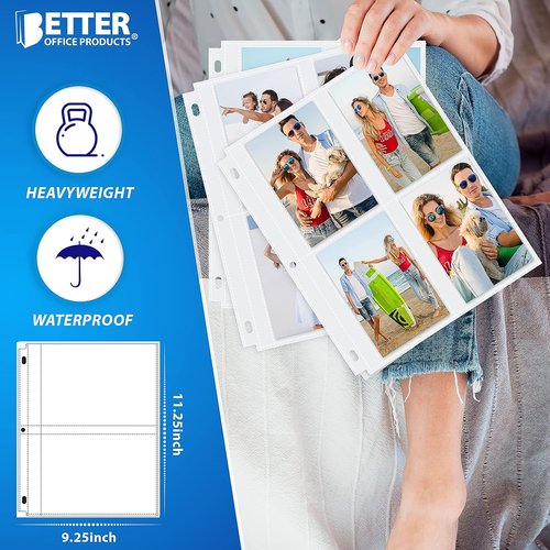 Better Office Products Photo Album Refill Sheets - Heavyweight 3.5 x 5 Inch | 25 Pack of 4-Pocket Sheets for 200 Photos