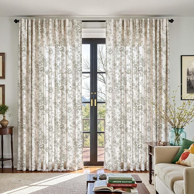jinachan Linen Floral Curtains Extra Wide for Patio Sliding Glass Door Room Divider Curtain for Living Room Christmas Drapes 90 Inch Length Farmhouse Peony Green Printed Curtain Set 1 Panel