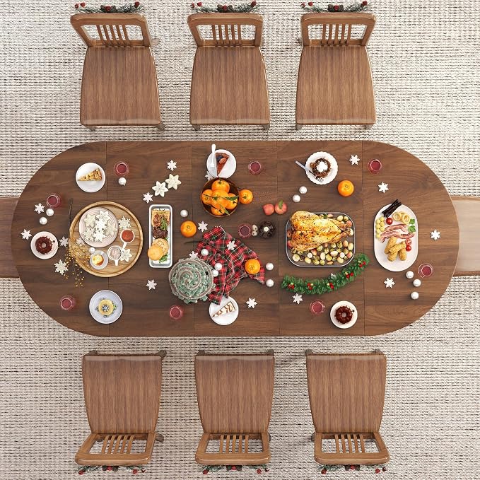 43-95 inch Long Round Extendable Dining Table for 4-10, Space Saving Oval Large Dinner Kitchen Table with 3 Leaf, 2 Storage, Fluted Mid Century Modern Dining Room Table for Living Room, Brown