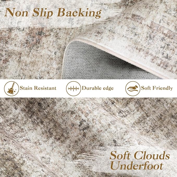 Washable Boho 10x13 Area Rug for Living Room Low Pile Soft Bedroom Rugs Non Slip Distressed Medal Print Large Indoor Carpet Thin Foldable Boho Vintage Carpet for Playroom Farmhouse, Brown