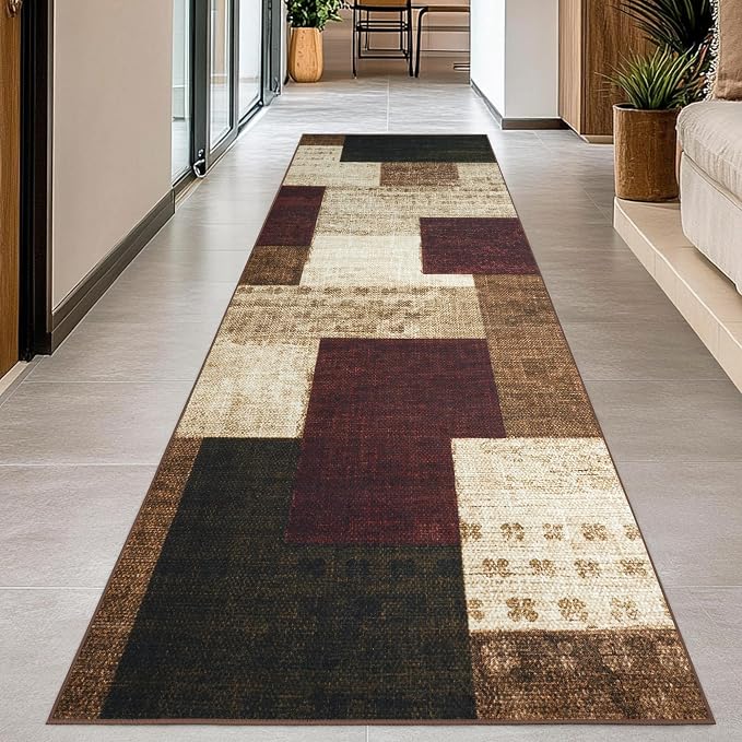 Modern Geometric Patchwork Indoor Runner Rug for Living Room, Red 2'x 6' Rug Rockwood Collection Hardwood Floors Decor for Bedroom, Burgundy Throw Carpet for Office Entryway Dining Room