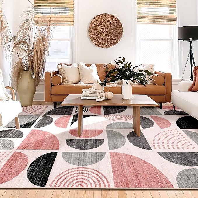 MUJOO Pink Rug Washable,6x9 Area Rugs for Living Room Bedroom Dining Room,Boho Large Throw Floor Carpet Non Slip Soft Modern Abstract Pink and Grey