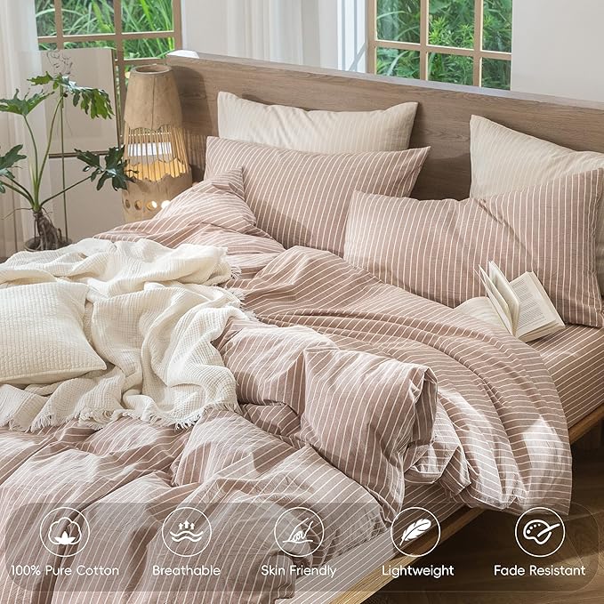MooMee Striped Duvet Cover Set 100% Washed Cotton Linen Like Textured Breathable Durable Soft Comfy (Orange White Wide Stripes, Full 80"x90")