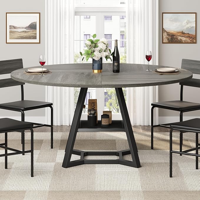knoworld 51'' Round Dining Table, Kitchen Tables Dining Room Circle Dinner Table with Pedestal Metal Frame, Space Saving Wood Industrial Kitchen & Dining Room Tables, Grey 51In